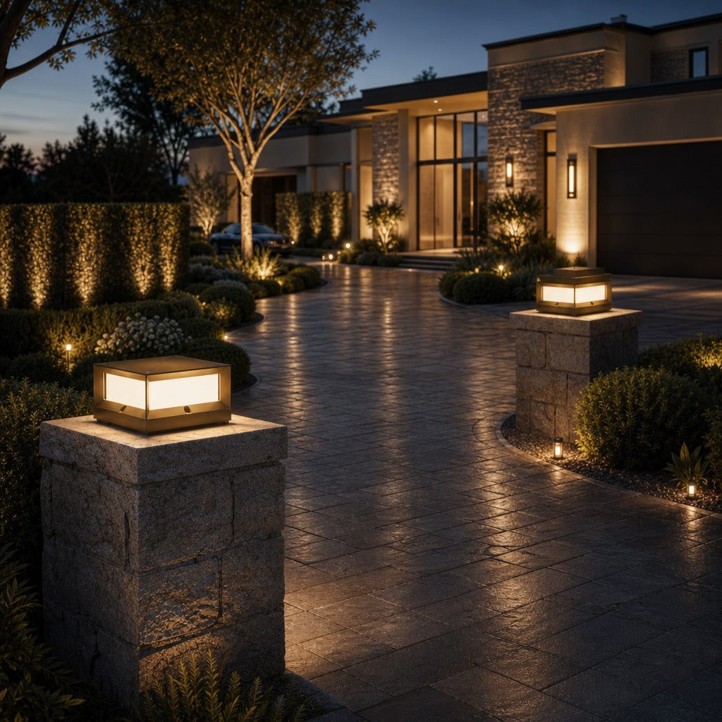 Modern Outdoor Pillar Light Solar Waterproof Aluminum LED Black Dimmable Warm White 3200K