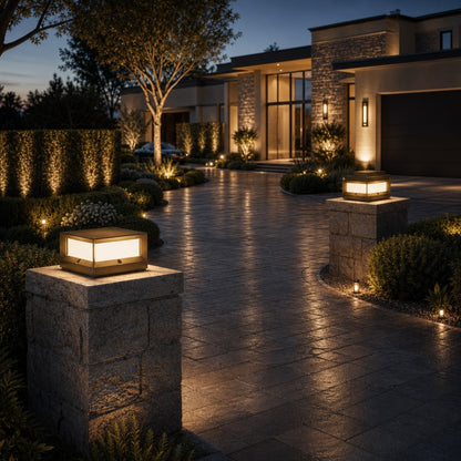 Modern Outdoor Pillar Light Solar Waterproof Aluminum LED Black Dimmable Warm White 3200K