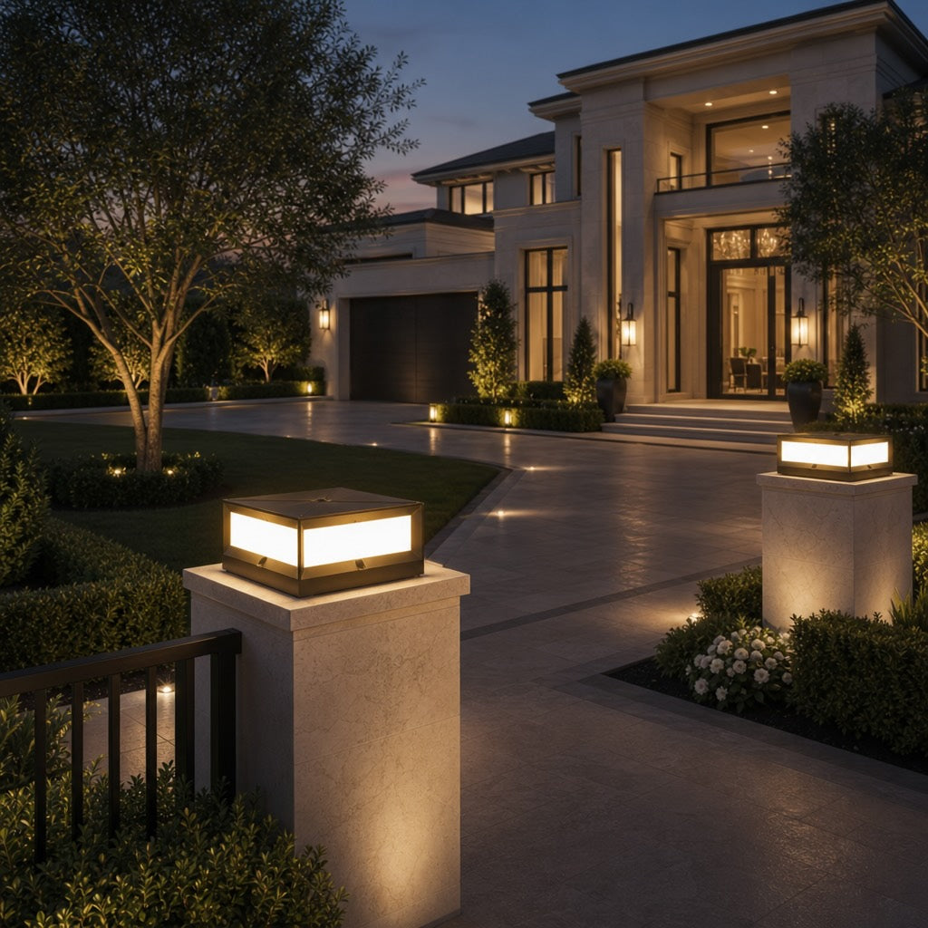 Modern Outdoor Pillar Light Solar Waterproof Aluminum LED Black Dimmable Warm White 3200K