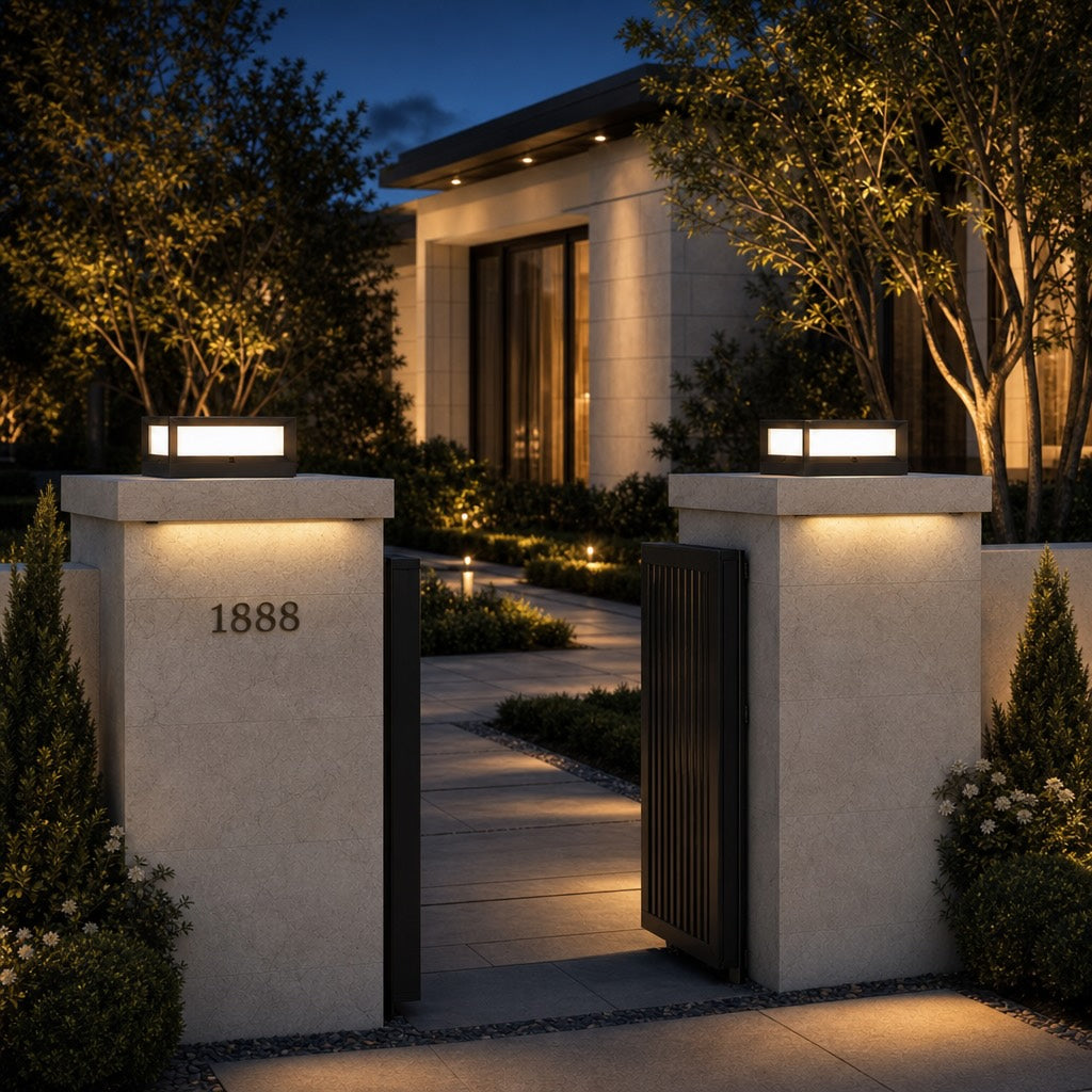 Modern Outdoor Pillar Light Solar Waterproof Aluminum LED Black Dimmable Warm White 3200K