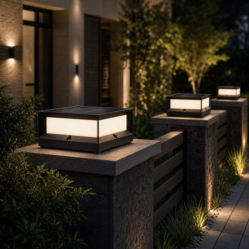 Modern Outdoor Pillar Light Solar Waterproof Aluminum LED Black Dimmable Warm White 3200K