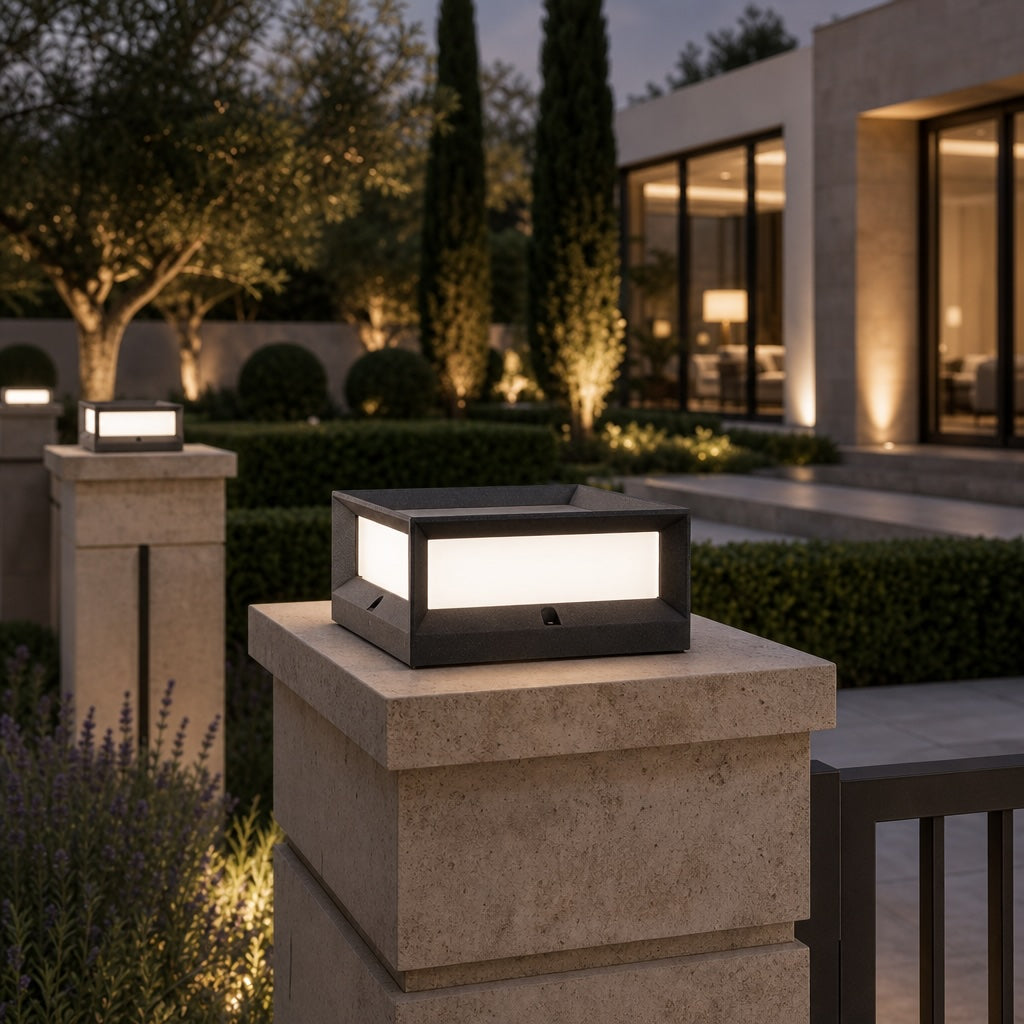 Modern Outdoor Pillar Light Solar Waterproof Aluminum LED Black Dimmable Warm White 3200K