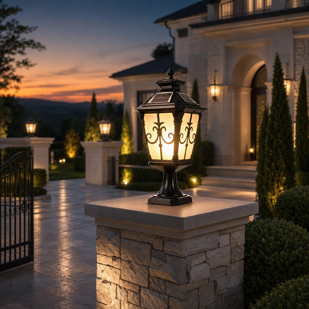 Solar Outdoor Fence Post Light Modern Victorian Design Die-Cast Aluminum Warm White LED