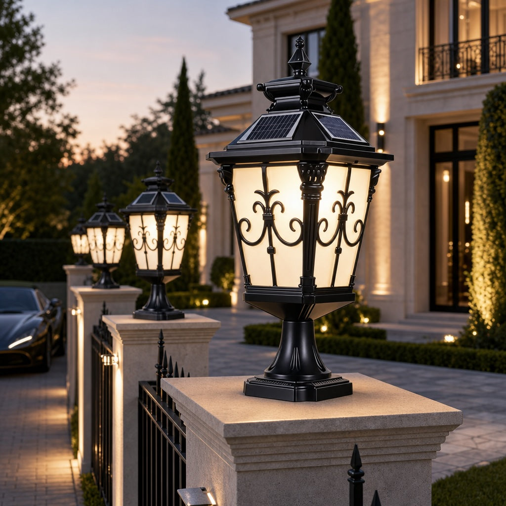Solar Outdoor Fence Post Light Modern Victorian Design Die-Cast Aluminum Warm White LED