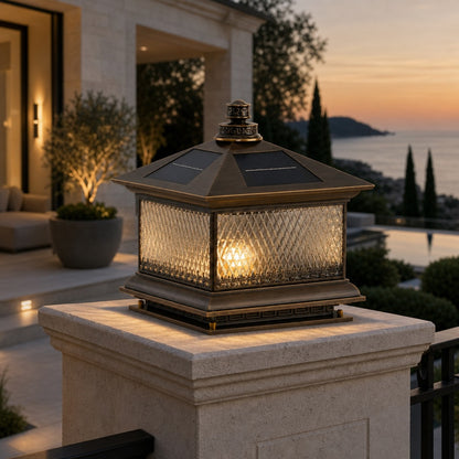 Solar Garden Post Light Modern Aluminum LED Diamond Glass Remote Control Outdoor
