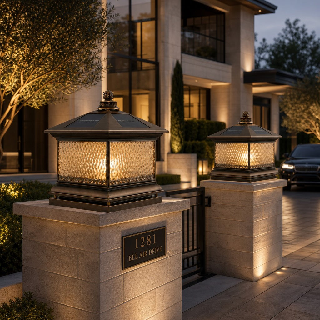 Solar Garden Post Light Modern Aluminum LED Diamond Glass Remote Control Outdoor