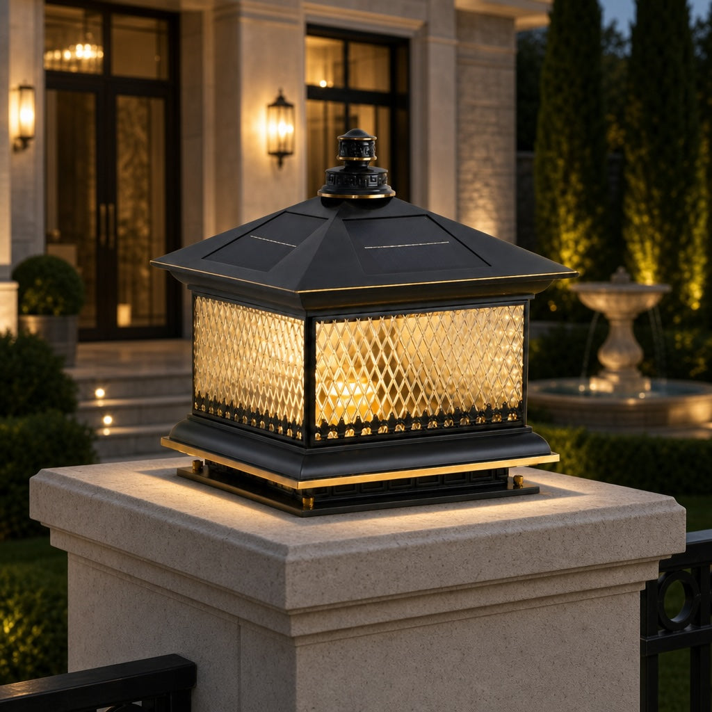 Solar Garden Post Light Modern Aluminum LED Diamond Glass Remote Control Outdoor