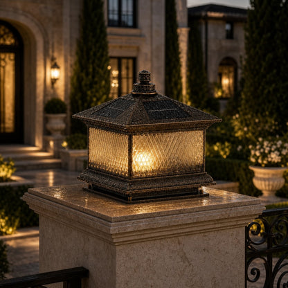 Solar Garden Post Light Modern Aluminum LED Diamond Glass Remote Control Outdoor