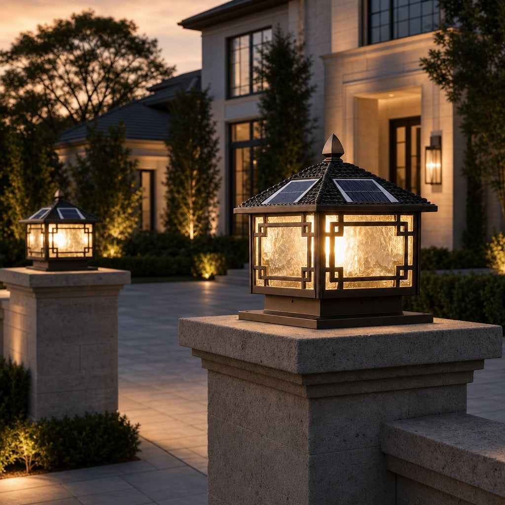 Solar Outdoor Pillar Light Adjustable Waterproof Aluminum with Tri-Color LED Lighting