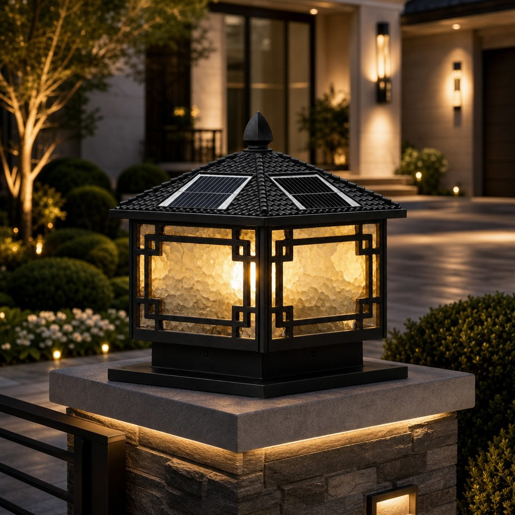 Solar Outdoor Pillar Light Adjustable Waterproof Aluminum with Tri-Color LED Lighting