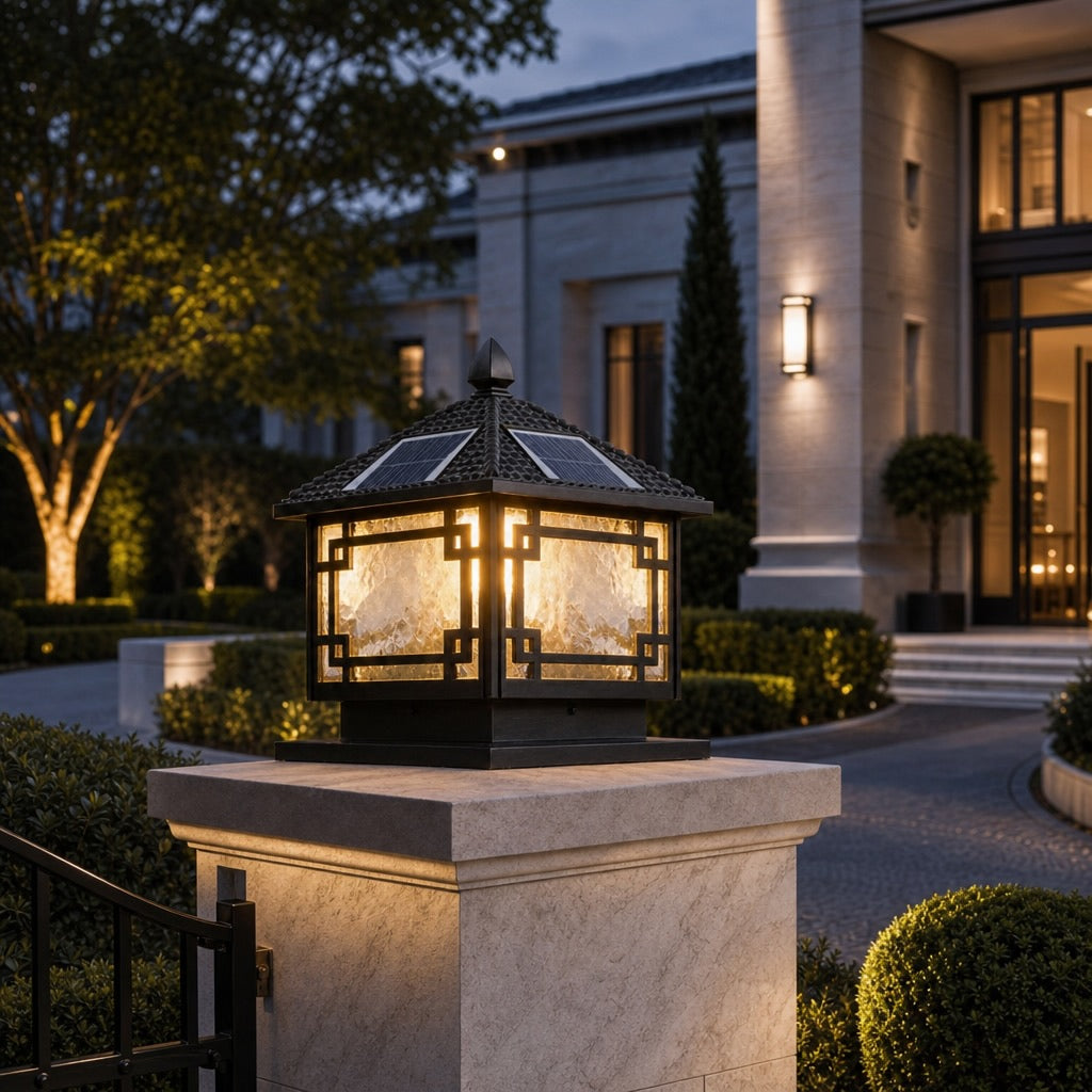 Solar Outdoor Pillar Light Adjustable Waterproof Aluminum with Tri-Color LED Lighting