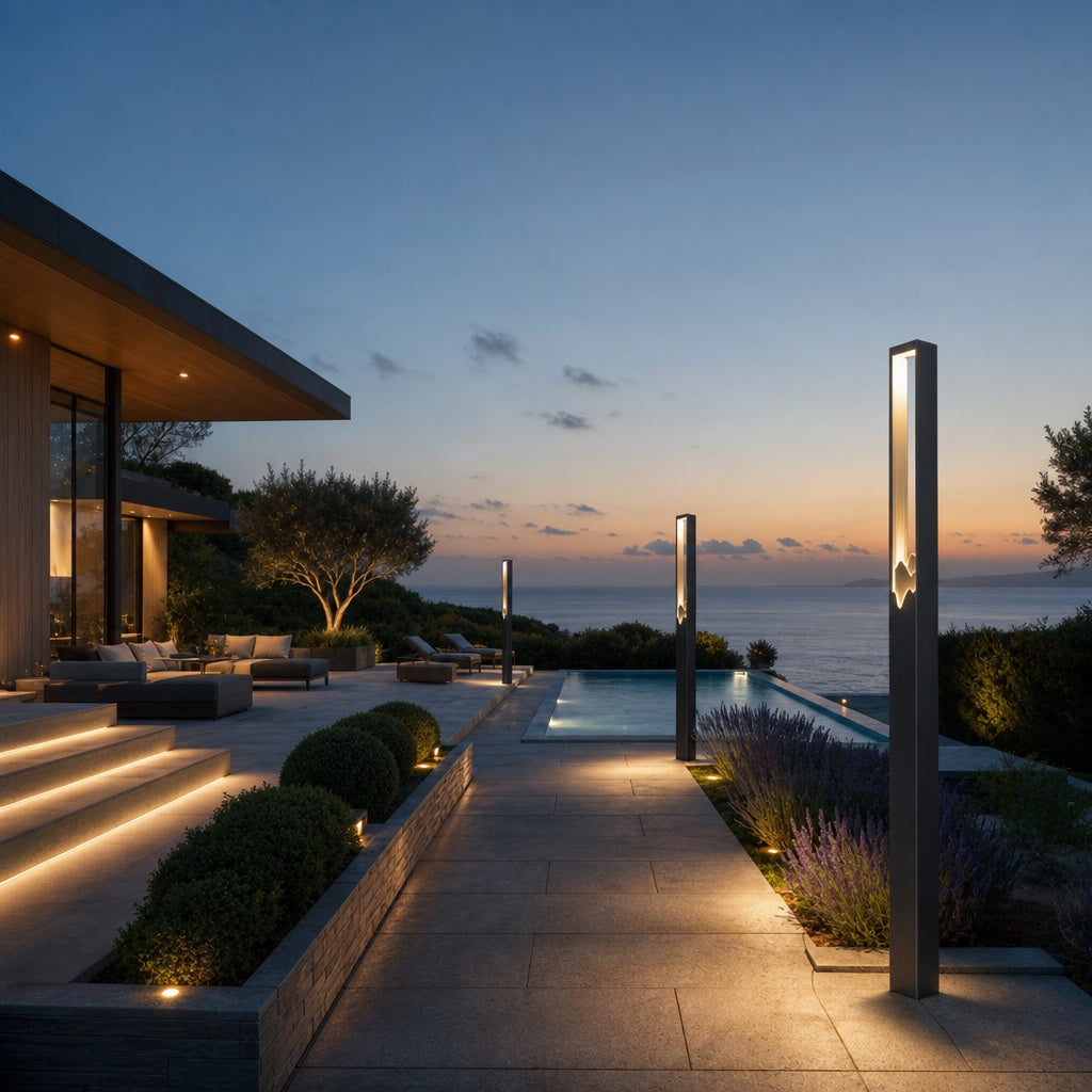 Modern Outdoor Bollard Light Stainless Steel Solar LED Ambient Landscape Lighting IP65 Rating