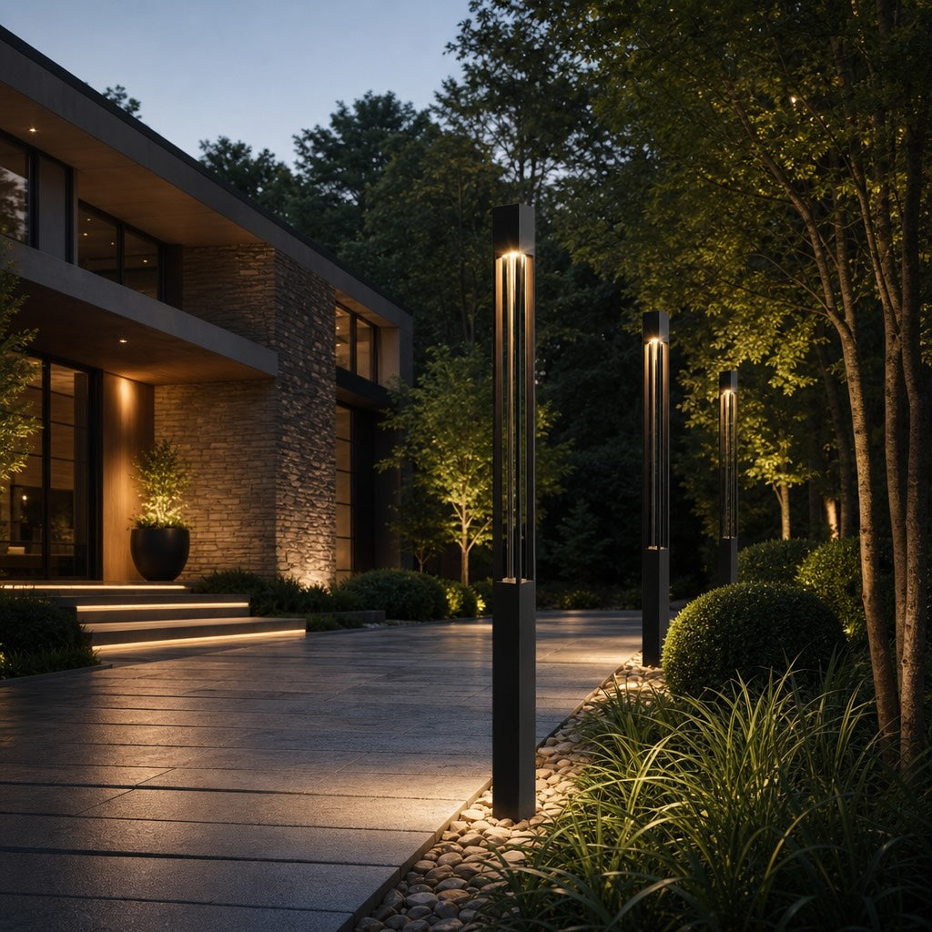 Modern LED Bollard Light Adjustable Height Round Square Aluminum Acrylic Warm White Outdoor