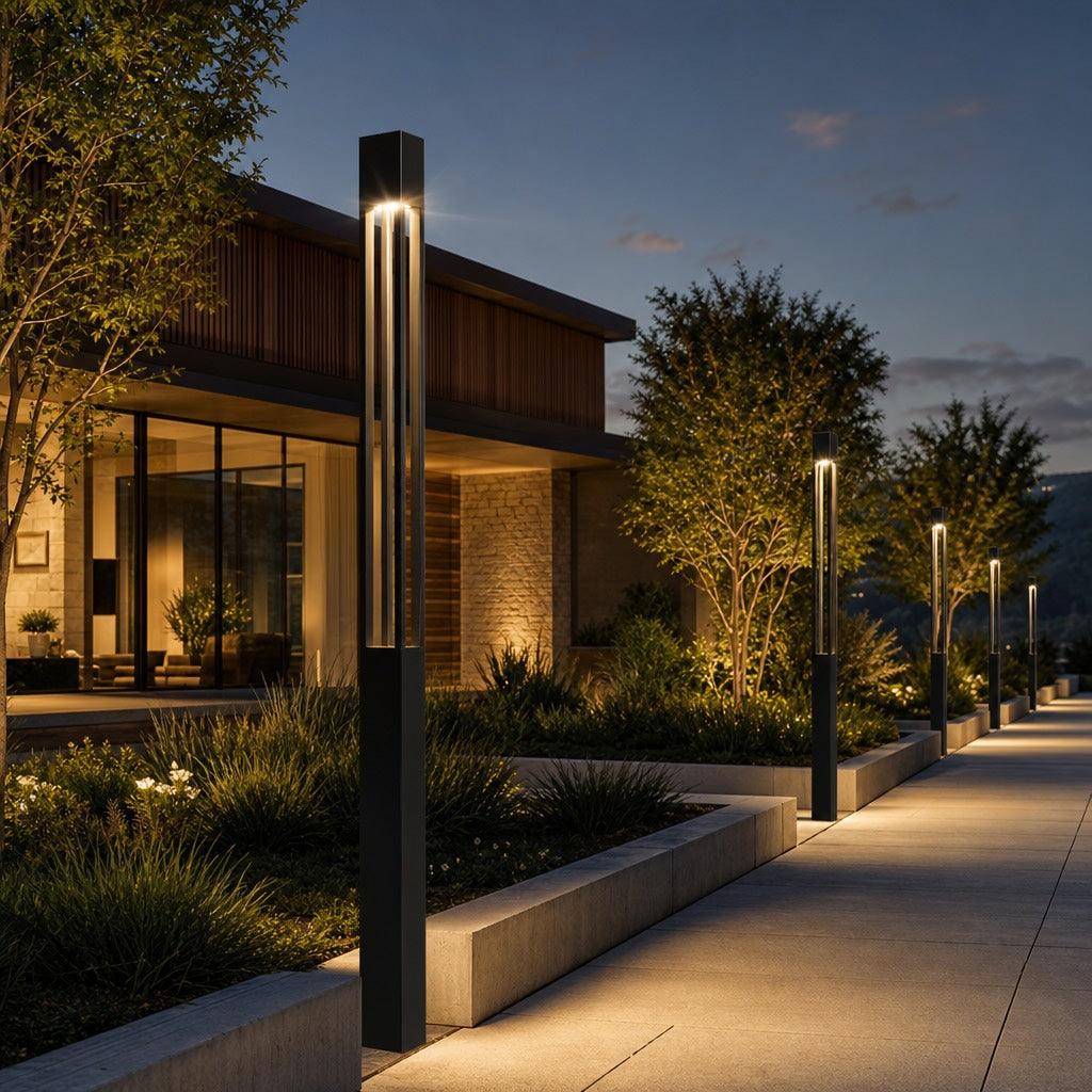 Modern LED Bollard Light Adjustable Height Round Square Aluminum Acrylic Warm White Outdoor
