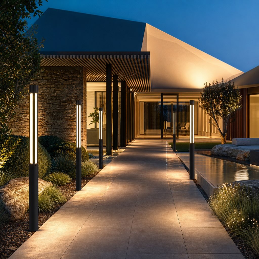Modern Cylindrical LED Bollard Light Outdoor Waterproof Adjustable Height Die-Cast Aluminum