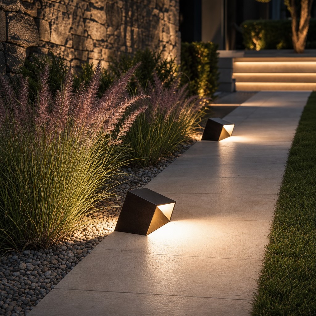 Solar Pathway Light Modern Cube Design Stainless Steel Frame with Glass Shade LED Illumination