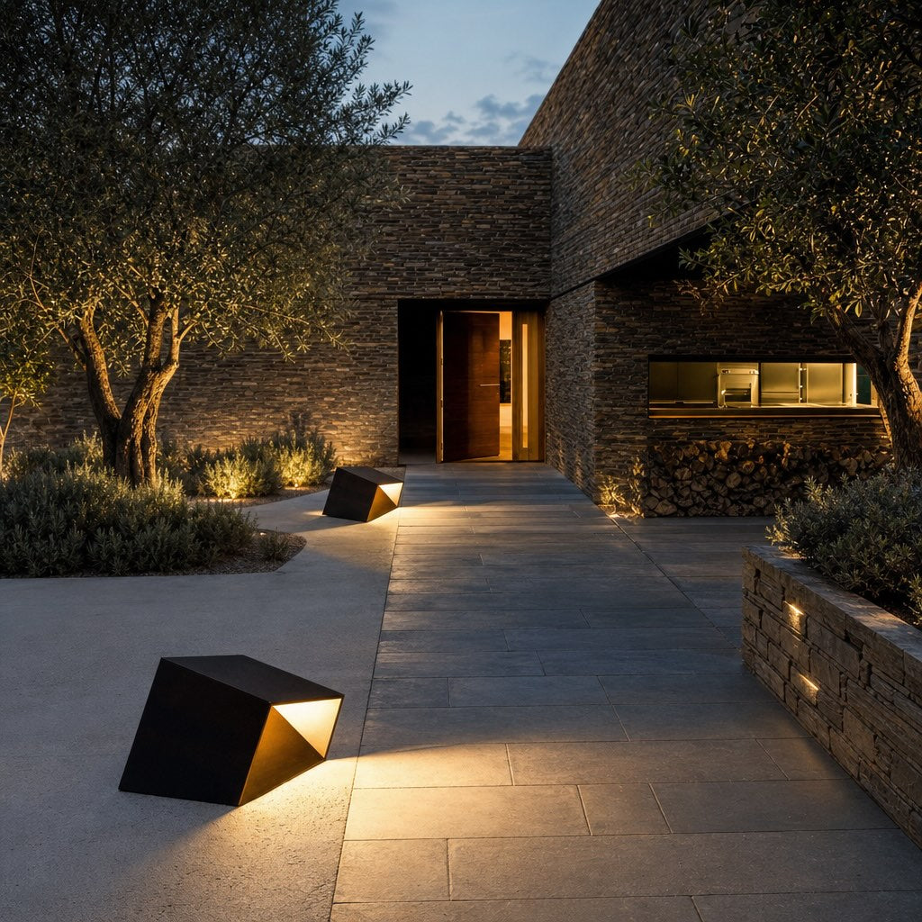 Solar Pathway Light Modern Cube Design Stainless Steel Frame with Glass Shade LED Illumination