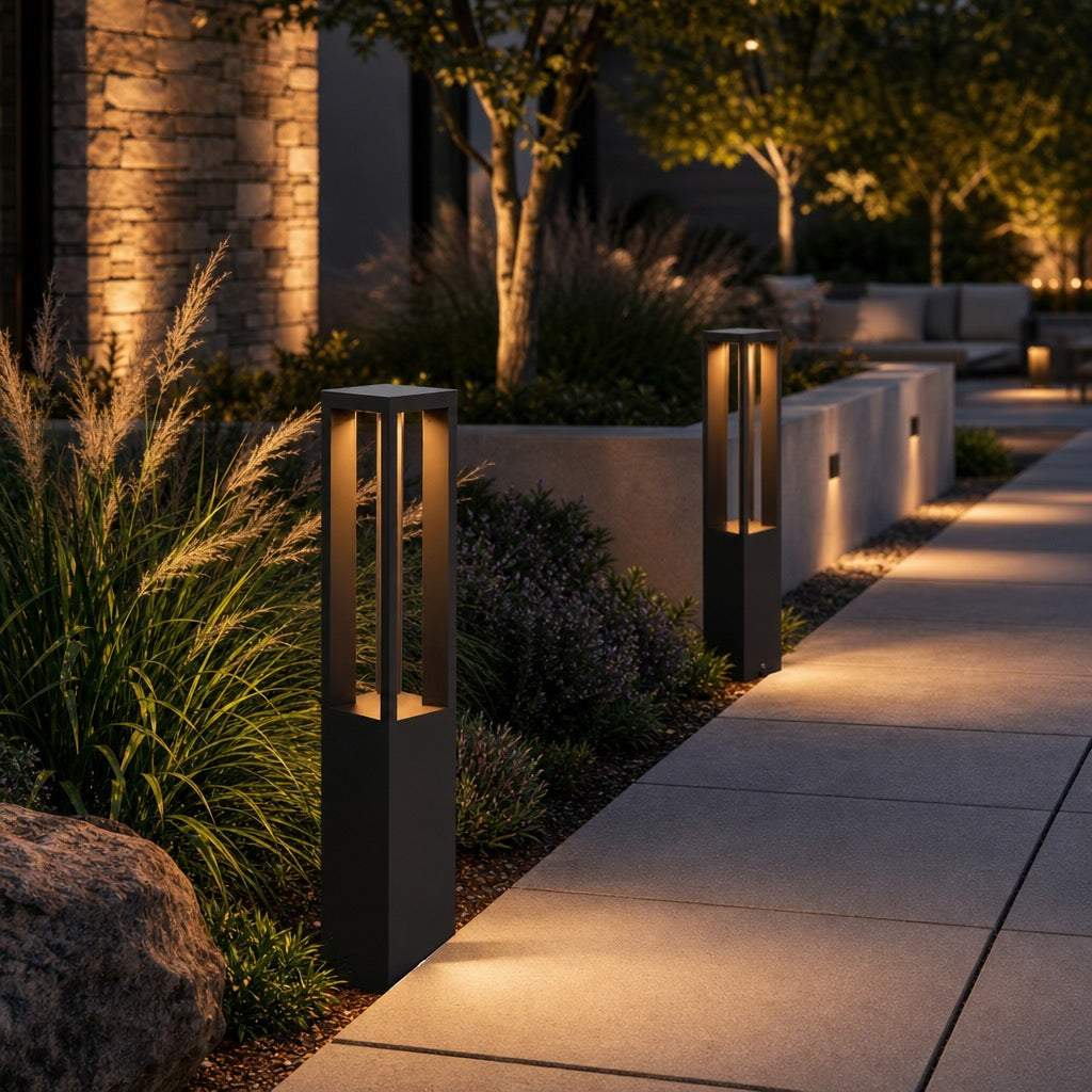 Modern LED Outdoor Bollard Light Adjustable Height Black Aluminum Garden Landscape Lighting