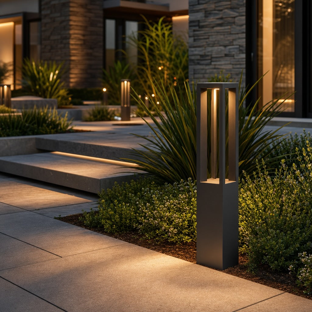 Modern LED Outdoor Bollard Light Adjustable Height Black Aluminum Garden Landscape Lighting