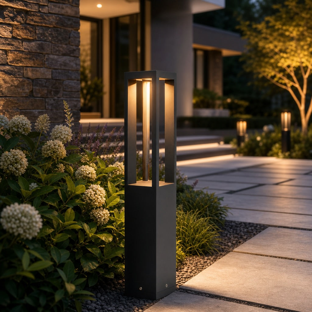 Modern LED Outdoor Bollard Light Adjustable Height Black Aluminum Garden Landscape Lighting