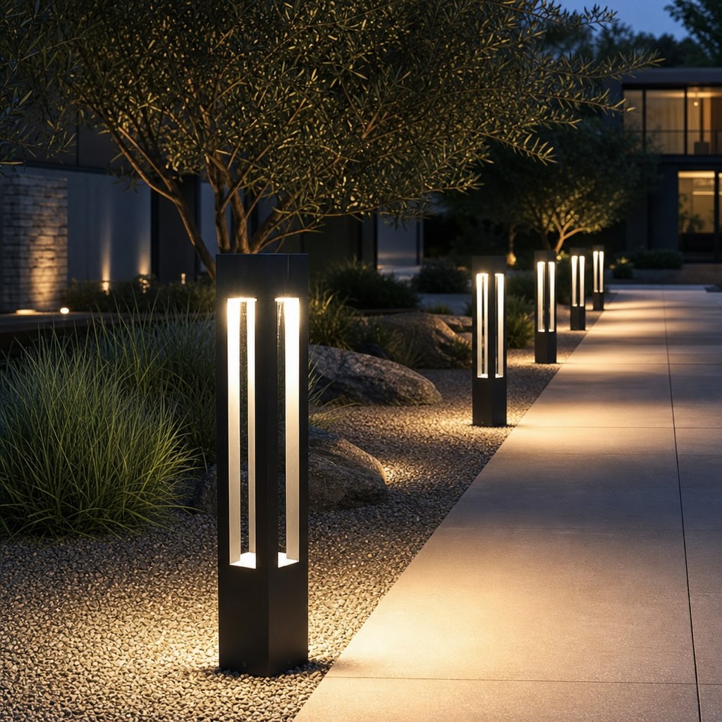 Modern LED Outdoor Bollard Light Adjustable Height Black Aluminum Garden Landscape Lighting