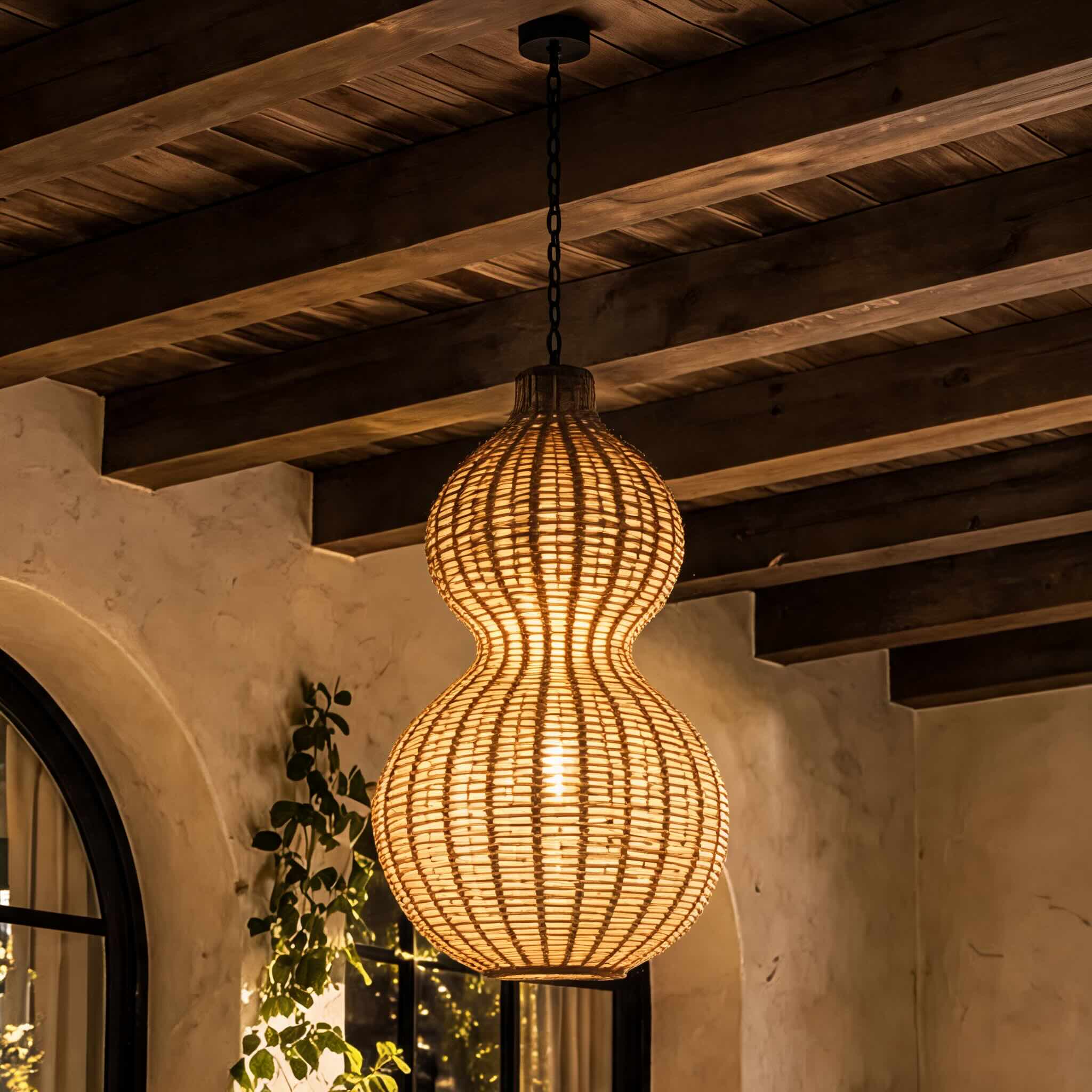 Modern Rattan Pendant Light Hanging Fixture with 12W LED Warm White for Outdoor Use