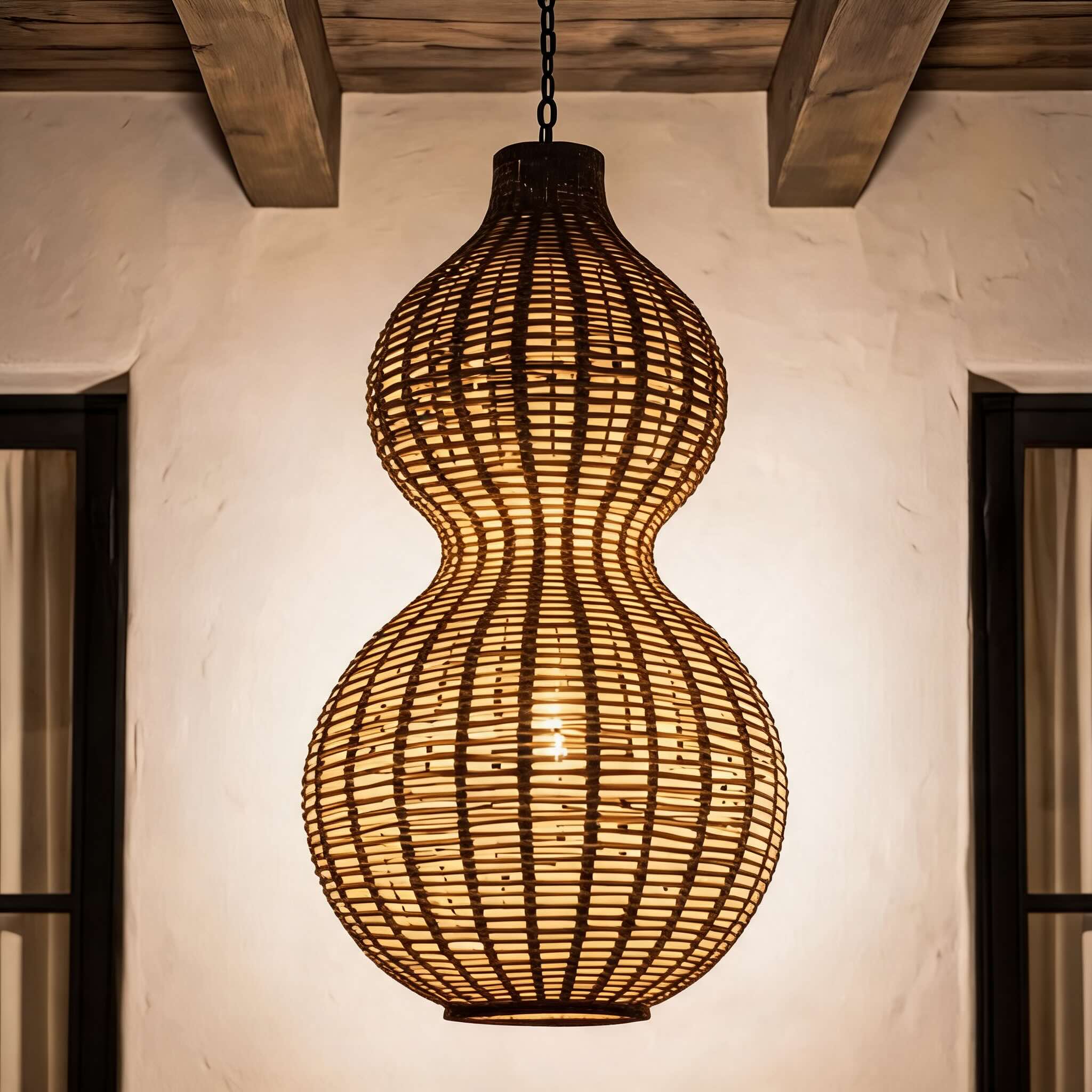 Modern Rattan Pendant Light Hanging Fixture with 12W LED Warm White for Outdoor Use