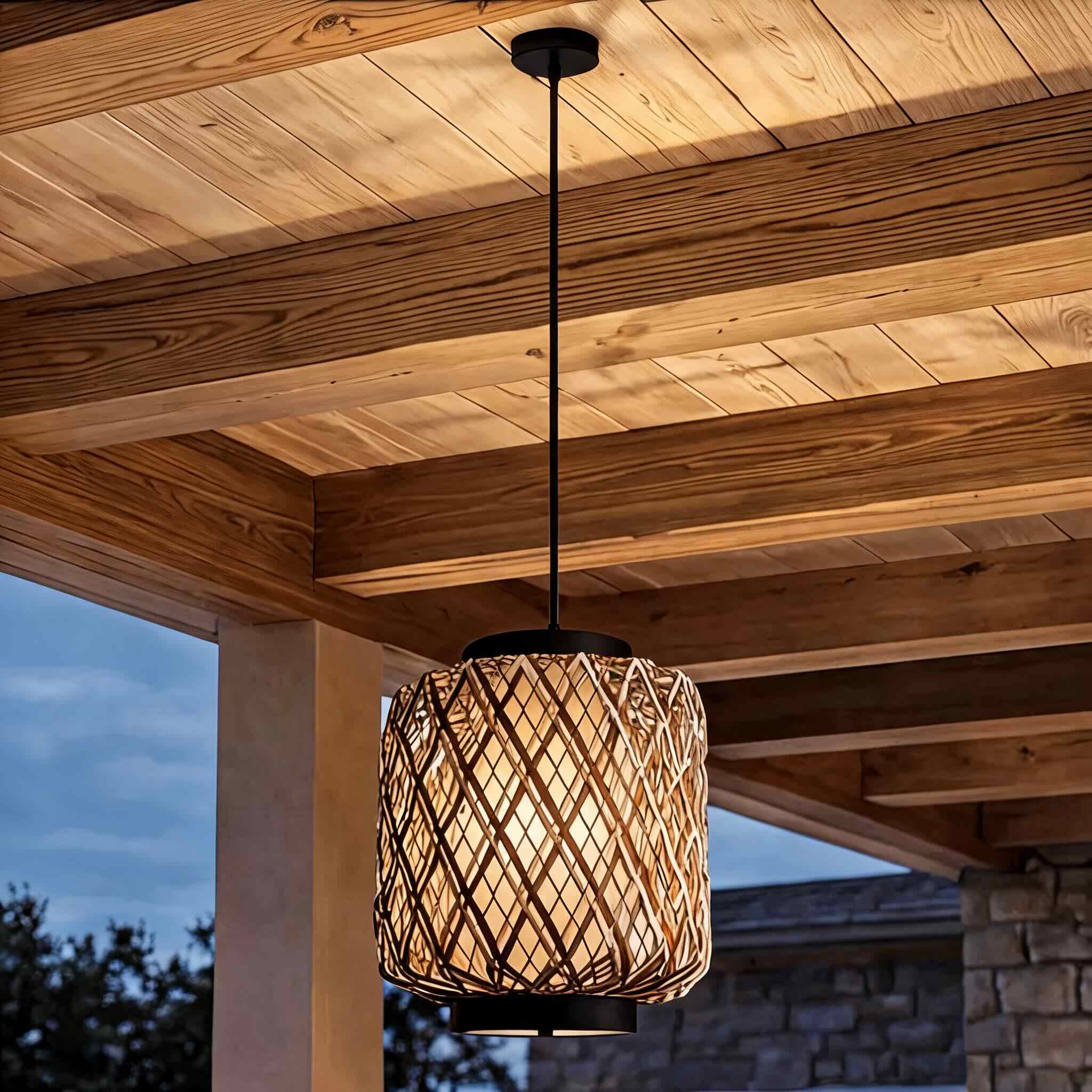 Modern Outdoor Hanging Pendant Light Fixture Rattan Iron Waterproof LED Compatible