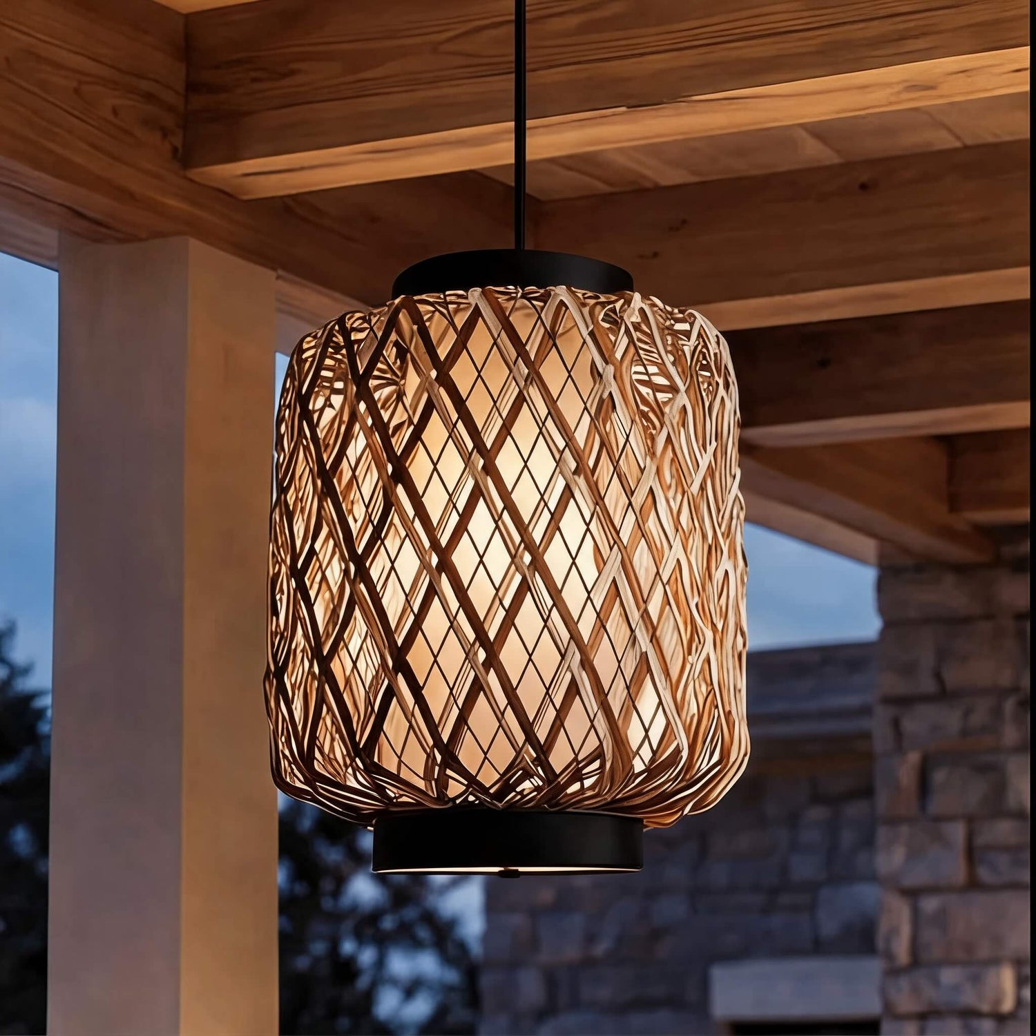Modern Outdoor Hanging Pendant Light Fixture Rattan Iron Waterproof LED Compatible