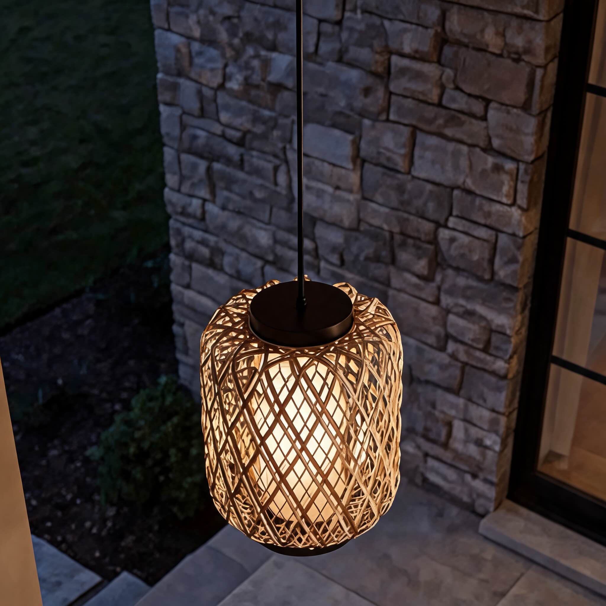 Modern Outdoor Hanging Pendant Light Fixture Rattan Iron Waterproof LED Compatible