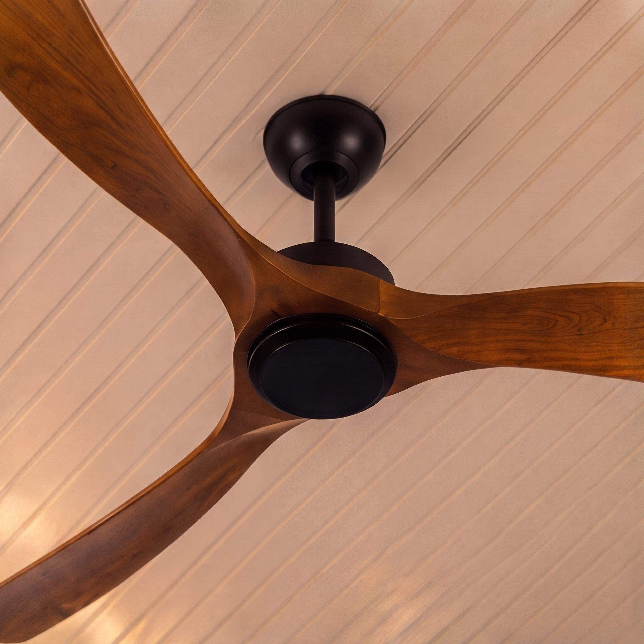 Modern Outdoor Ceiling Fan with Walnut Wood Blades Flush Mount Waterproof IP65 Quiet 6-Speed Motor