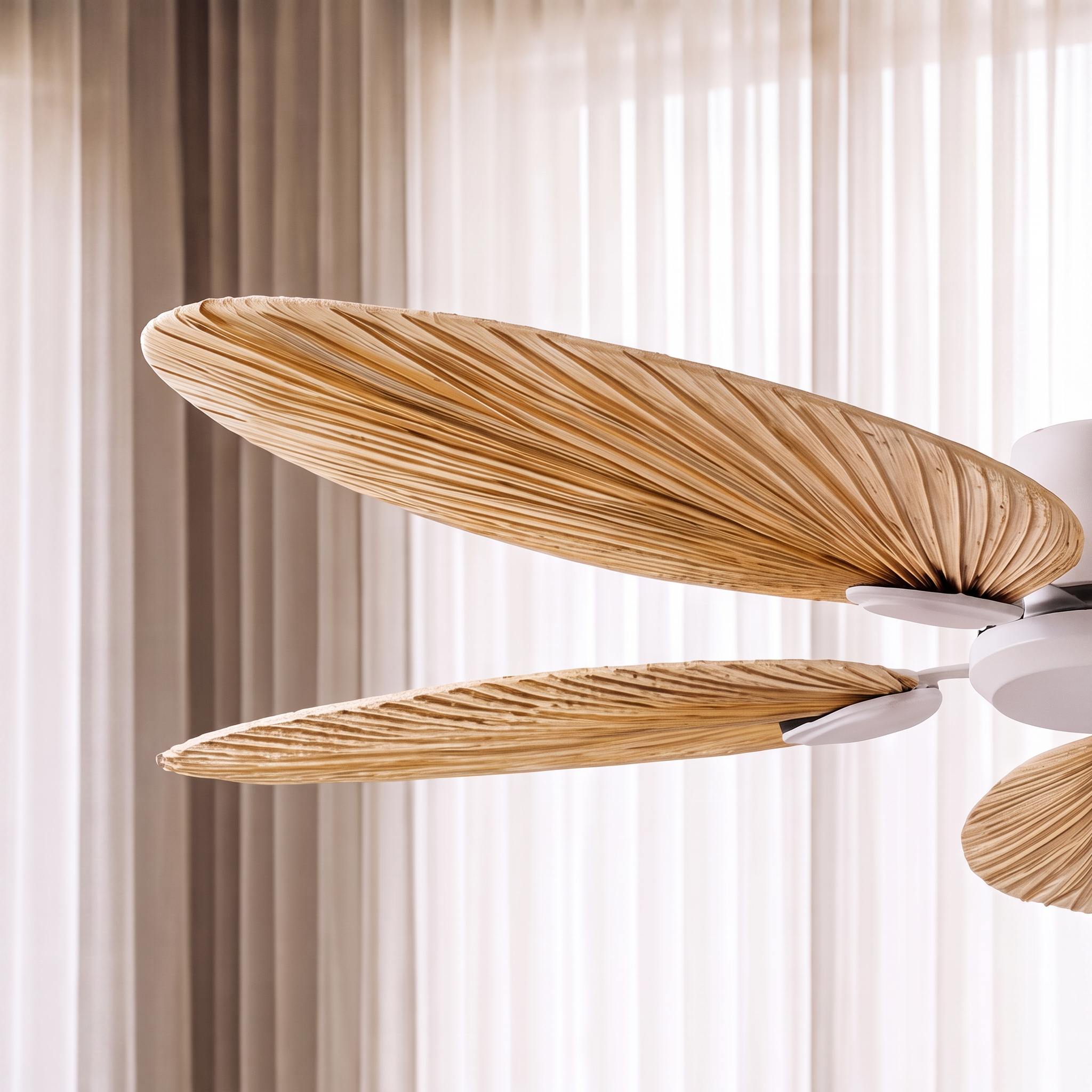 Modern Ceiling Fan with Palm Leaf Blades Iron Frame Remote Control Quiet Motor Reversible Airflow