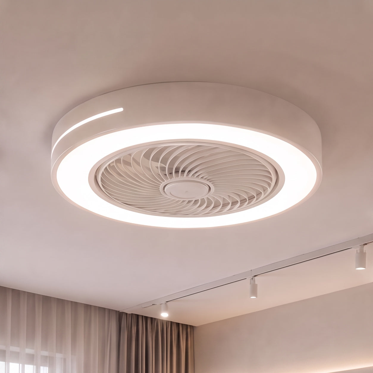 Modern Bladeless Ceiling Fan with Lights Flush Mount Iron Adjustable 72W LED Lighting