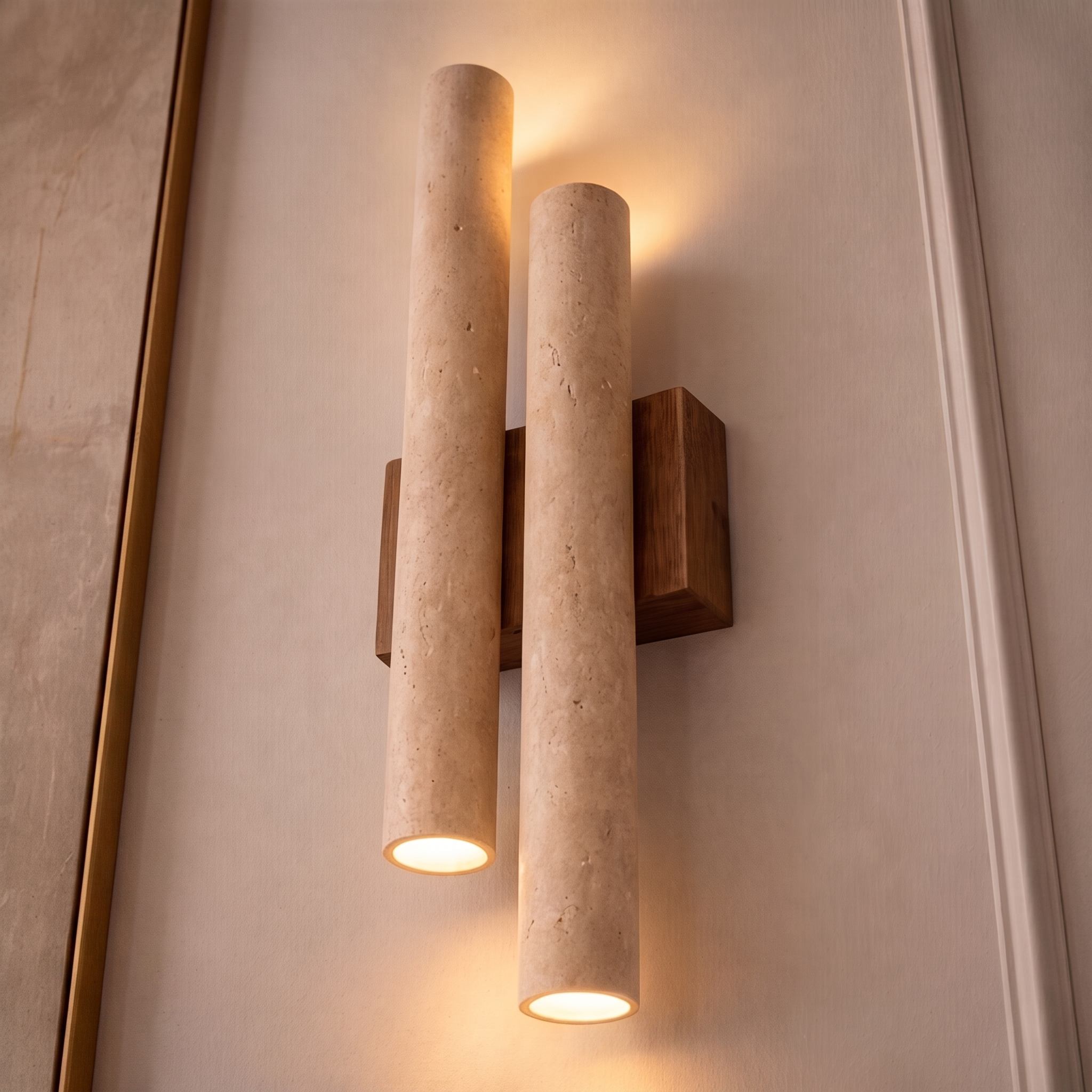 Modern Wall Light Wall Mounted Natural Travertine Shade Walnut Wood Base LED Compatible G9 Bulb