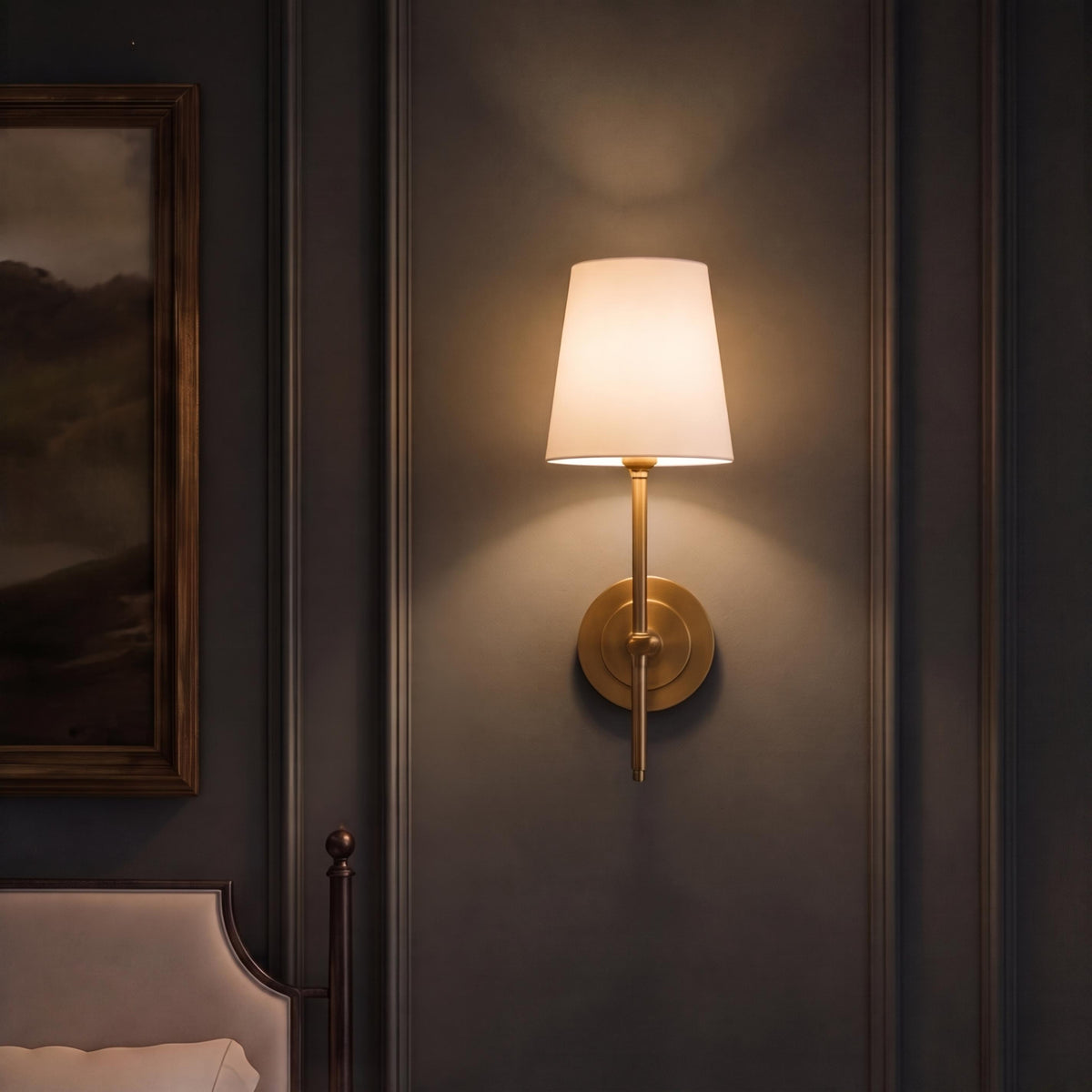 Modern Wall Sconce Indoor Light Wall Mounted Brass Tapered Fabric Shade LED Compatible