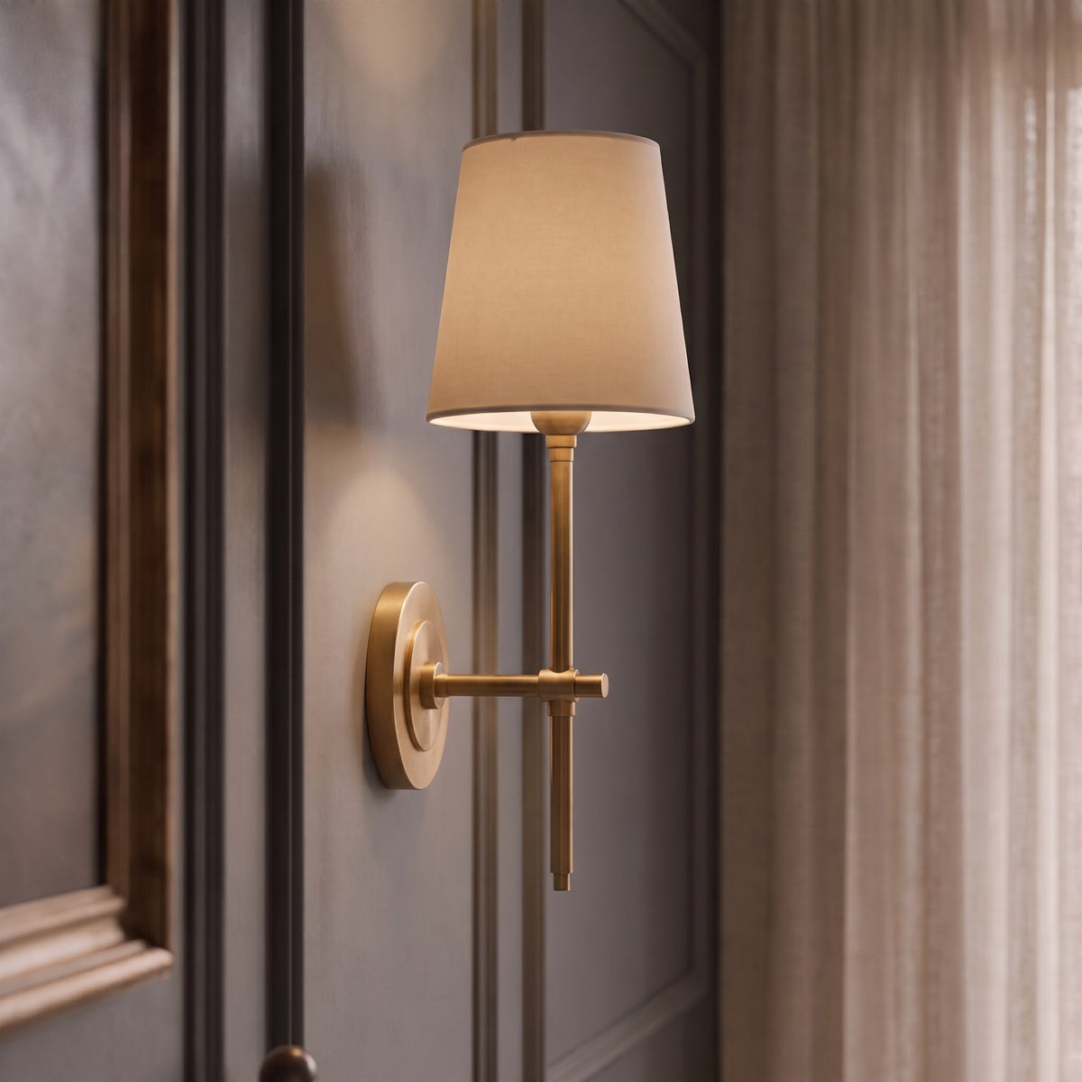 Modern Wall Sconce Indoor Light Wall Mounted Brass Tapered Fabric Shade LED Compatible