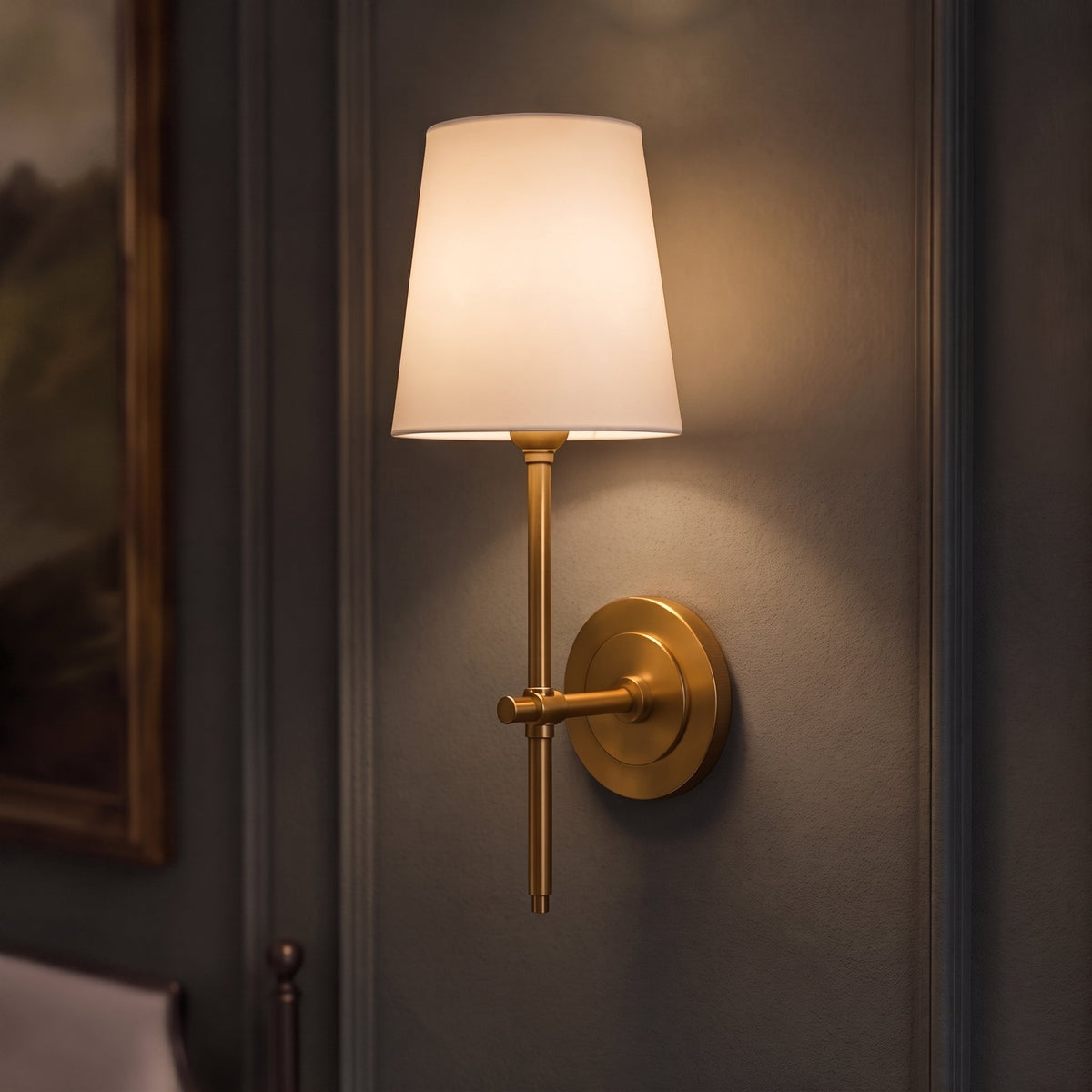 Modern Wall Sconce Indoor Light Wall Mounted Brass Tapered Fabric Shade LED Compatible