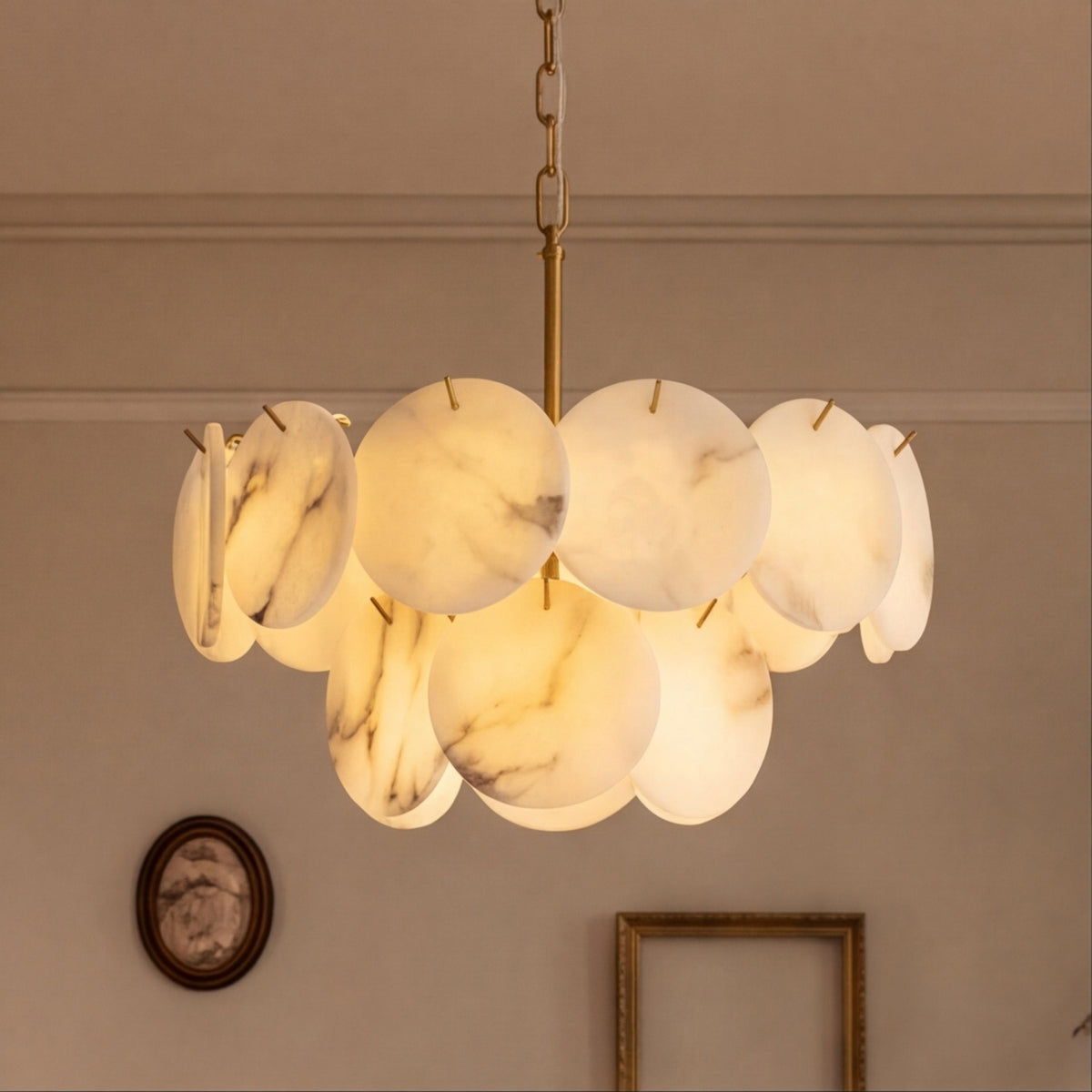 Modern Double-Tier Chandelier Hanging Brass Frame with Alabaster Discs and Adjustable Chain Length