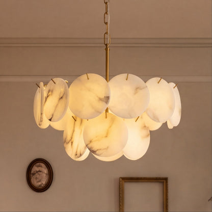 Modern Double-Tier Chandelier Hanging Brass Frame with Alabaster Discs and Adjustable Chain Length