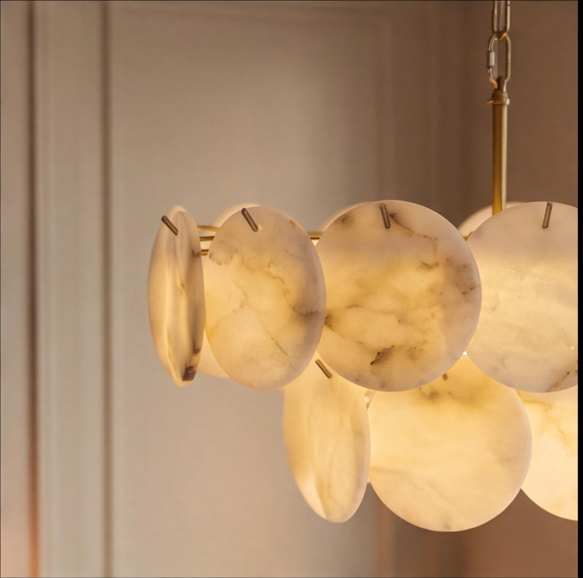 Modern Double-Tier Chandelier Hanging Brass Frame with Alabaster Discs and Adjustable Chain Length