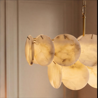 Modern Double-Tier Chandelier Hanging Brass Frame with Alabaster Discs and Adjustable Chain Length