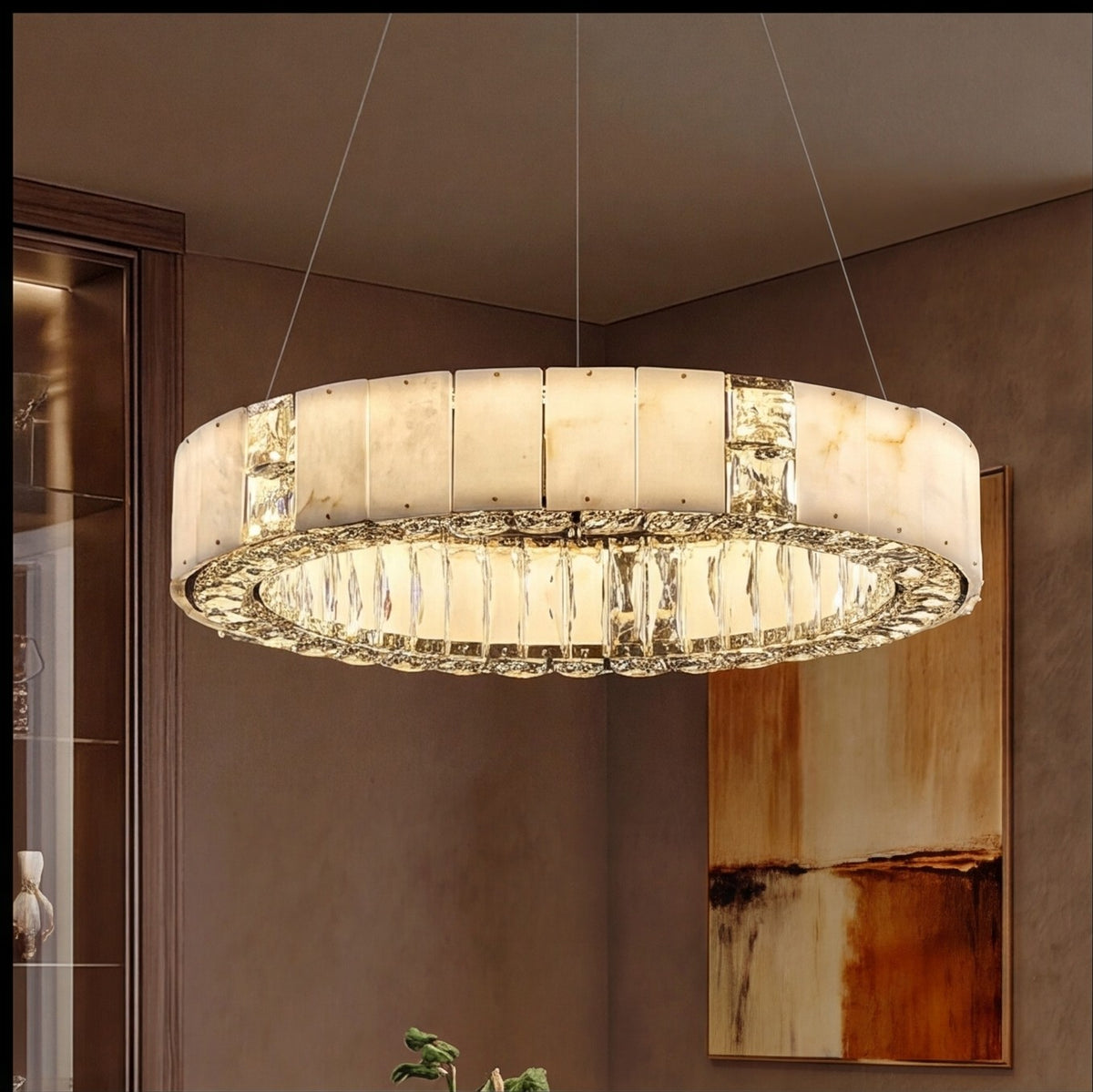 Modern Crystal Chandelier Hanging Light Fixture with Adjustable LED Alabaster Design