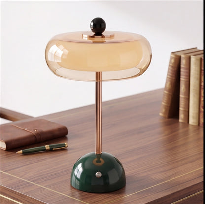 Contemporary Table Lamp Cordless Metal and Fabric Adjustable Brightness for Bedside Use