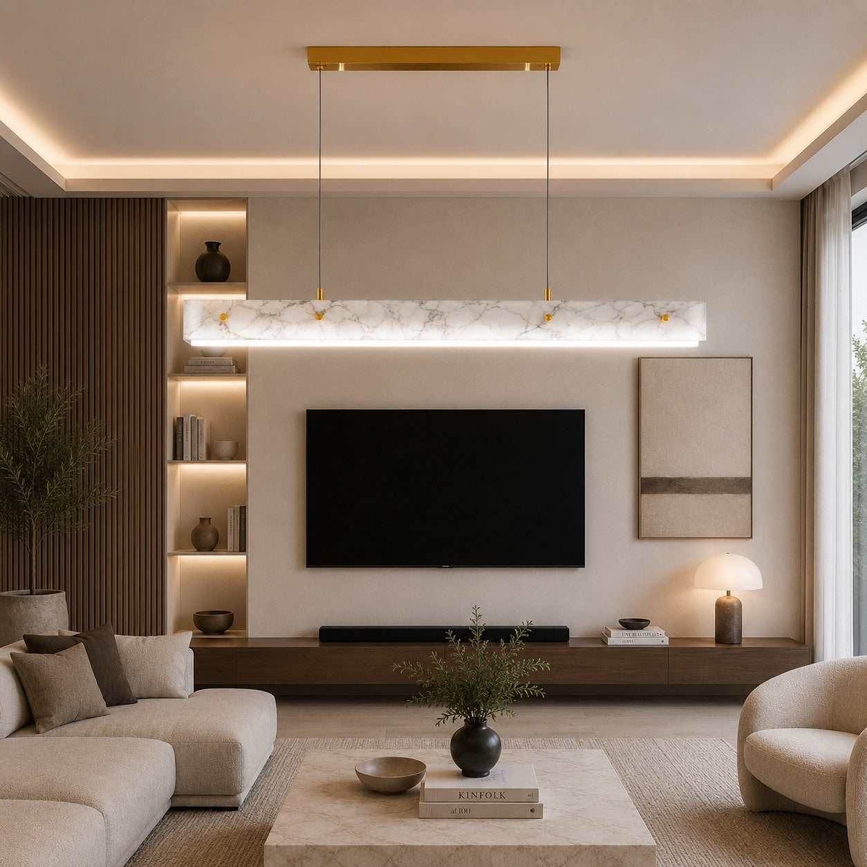 Modern Pendant Light Adjustable Hanging Stainless Steel and Marble LED Fixture for Kitchen Island