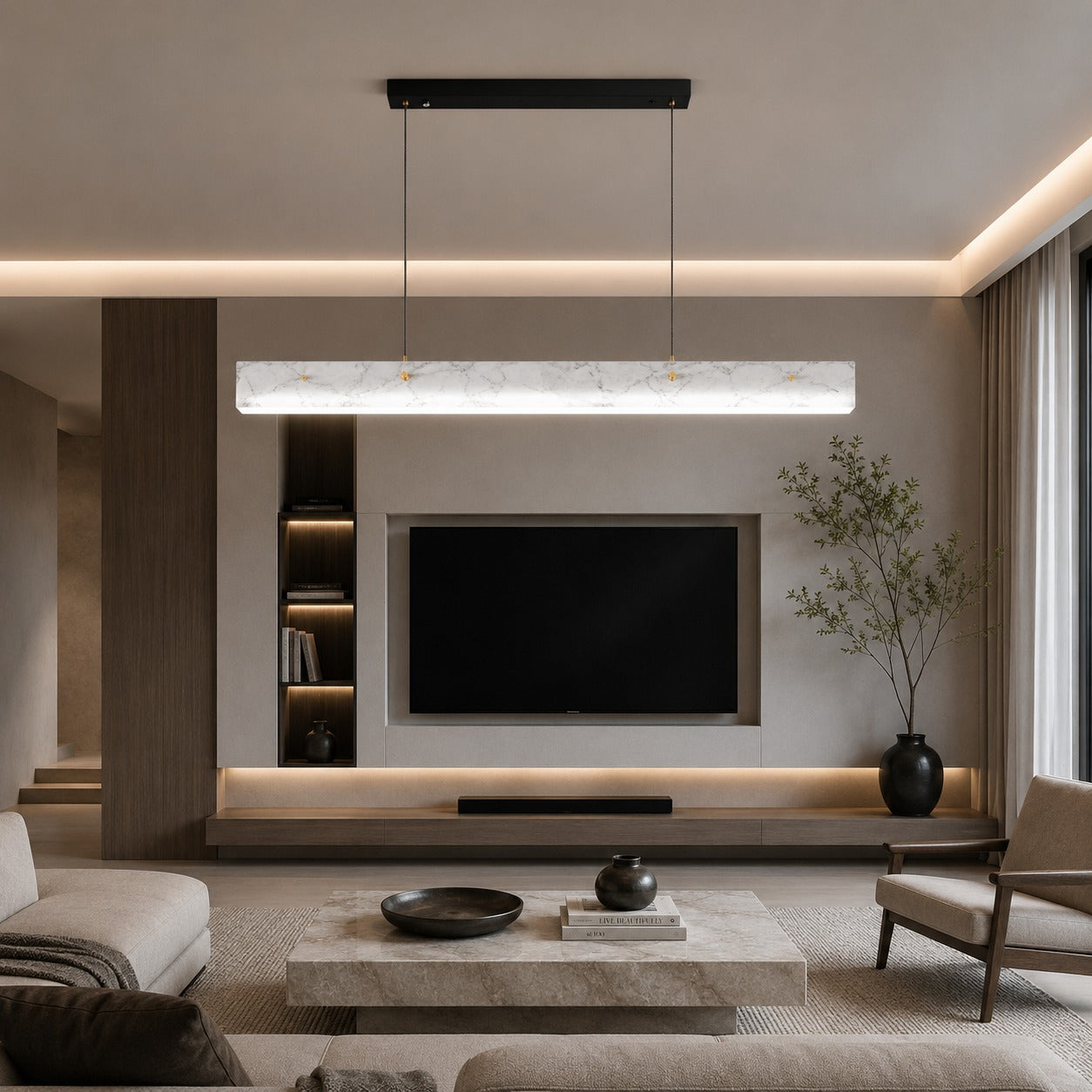Modern Pendant Light Adjustable Hanging Stainless Steel and Marble LED Fixture for Kitchen Island