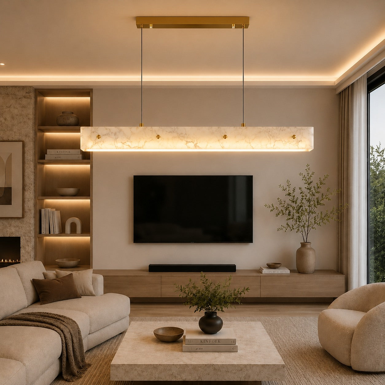 Modern Pendant Light Adjustable Hanging Stainless Steel and Marble LED Fixture for Kitchen Island