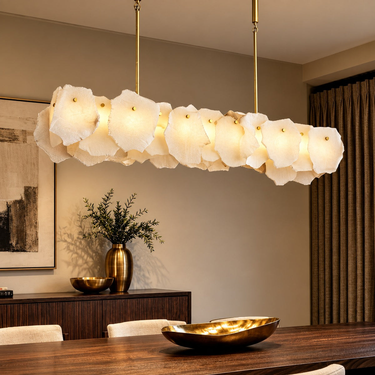 Modern Linear Chandelier Hanging Alabaster Shades Gold Suspension LED Light Fixture