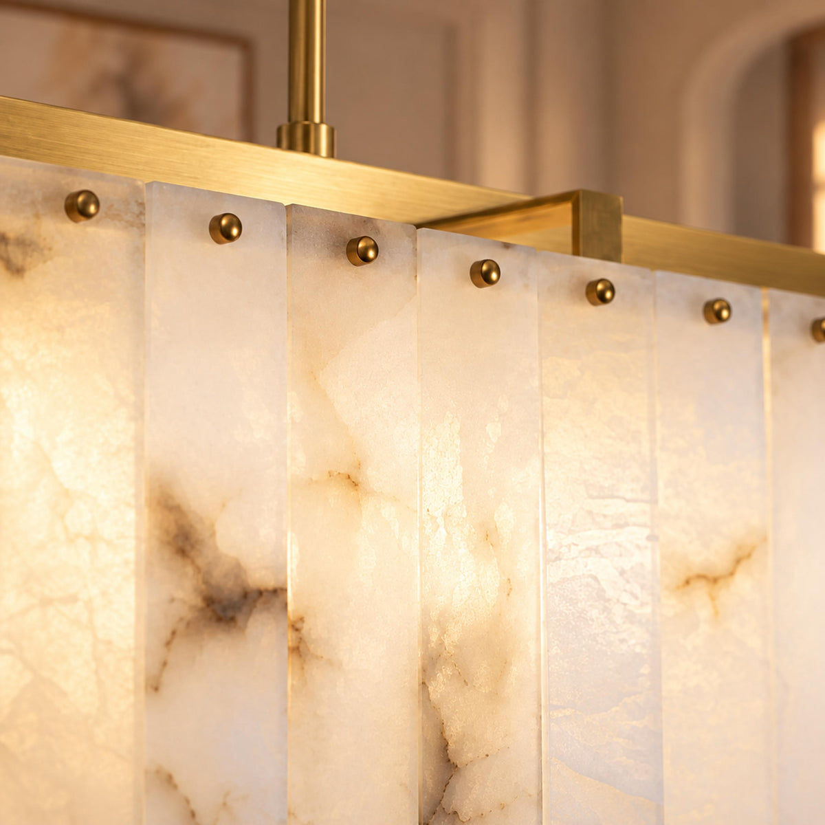 Modern Designer Chandelier Hanging Brass Frame with Alabaster Panels Soft Illumination E12