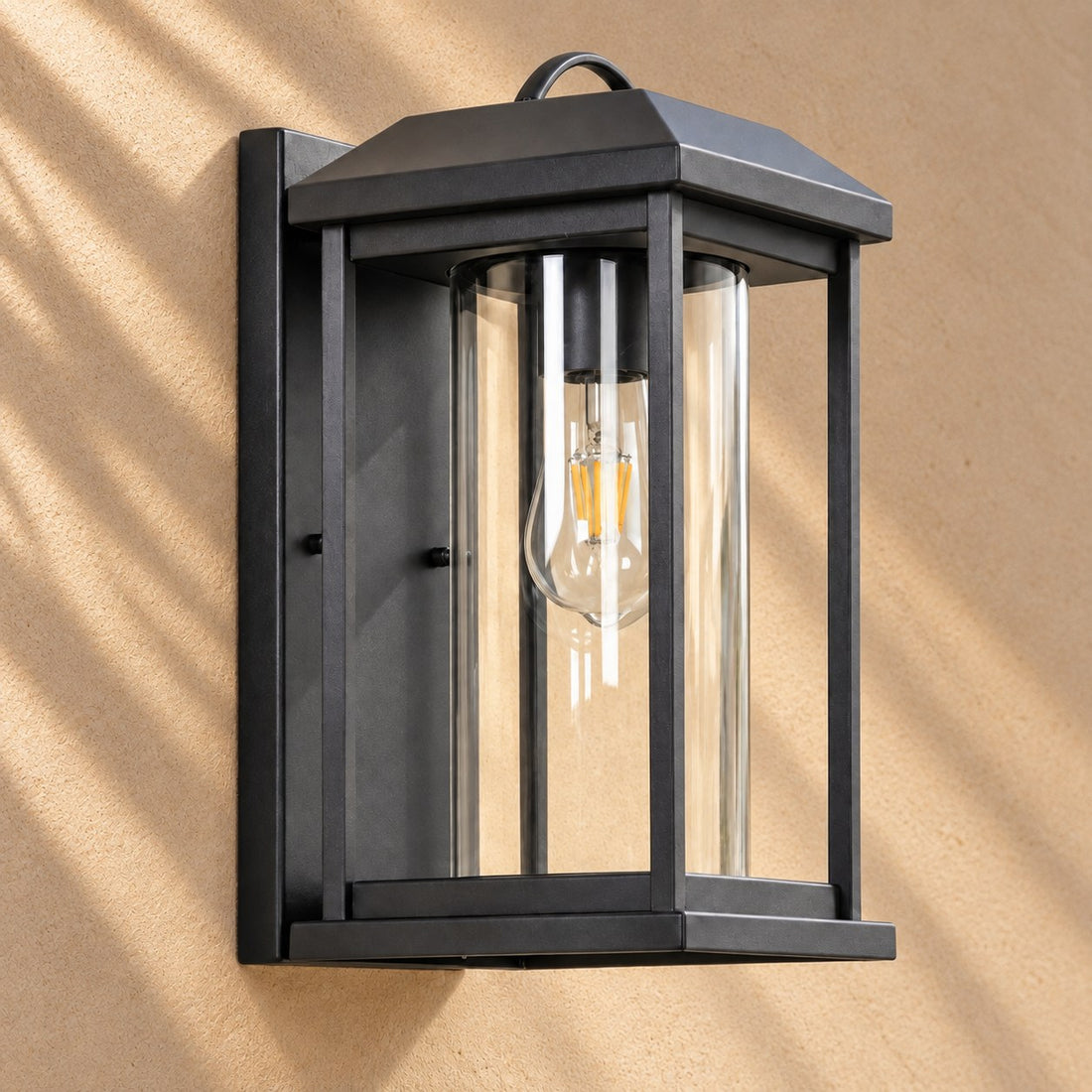 Modern IP65 Outdoor Wall Light with Clear Glass &amp; Sandblasted Black Aluminium Frame