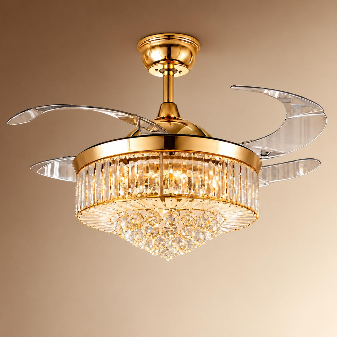 European Modern Ceiling Fan with Dimmable LED Lights Flush Mount Crystal Shade 48W 4 Blades